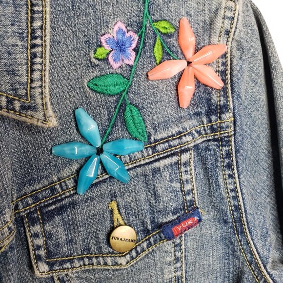 Yuka Jeans Jackets & Blazers - NWOT Vintage YUKA JEANS Embroidered Floral Denim Jacket Women's S/M  Blue Beads